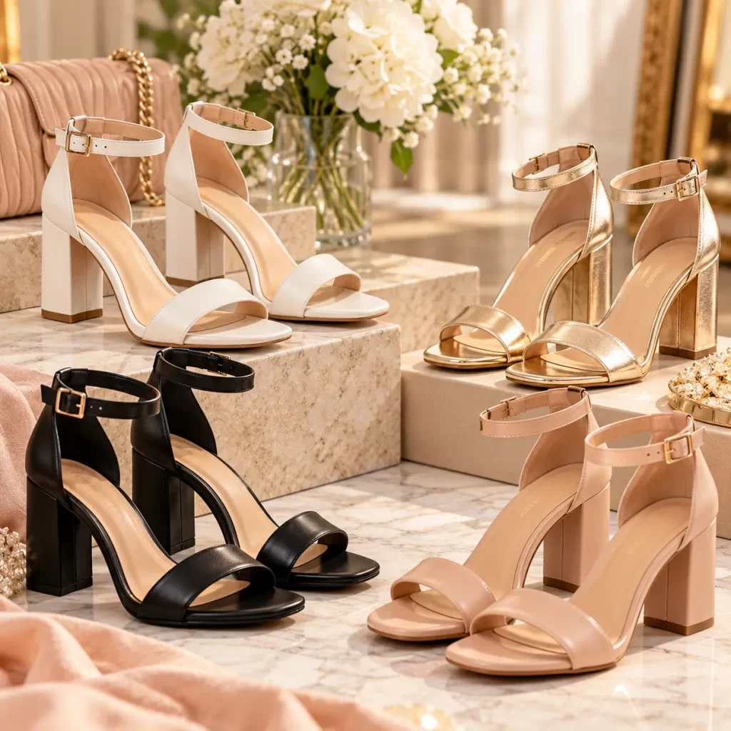 Elegant women's block heel sandals in black, nude, white, and gold for office wear and wedding occasions