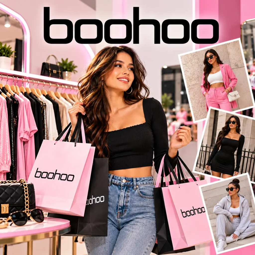 Boohoo women's fashion collection with trendy outfits and bags