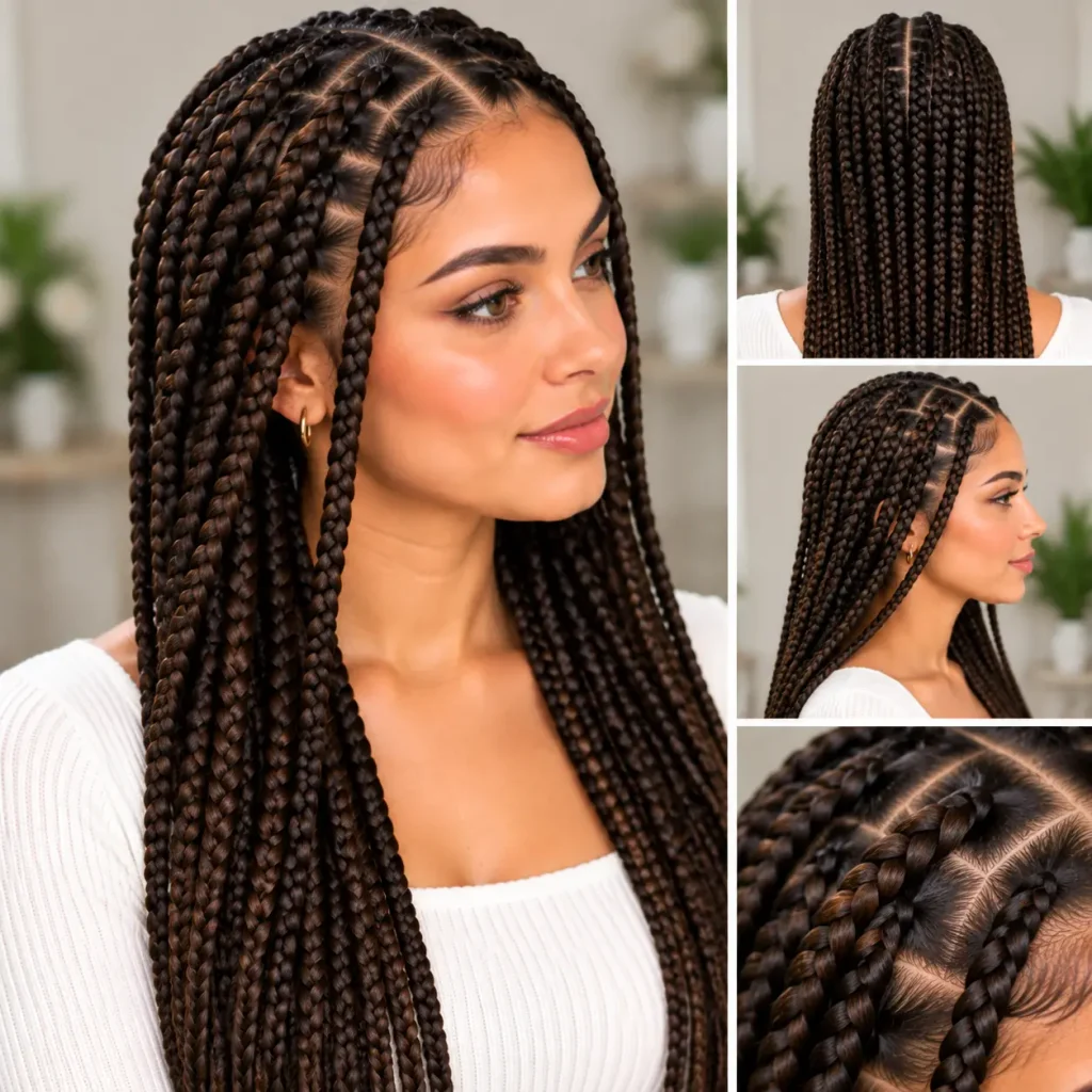 Long box braids hairstyle with neat square partings
