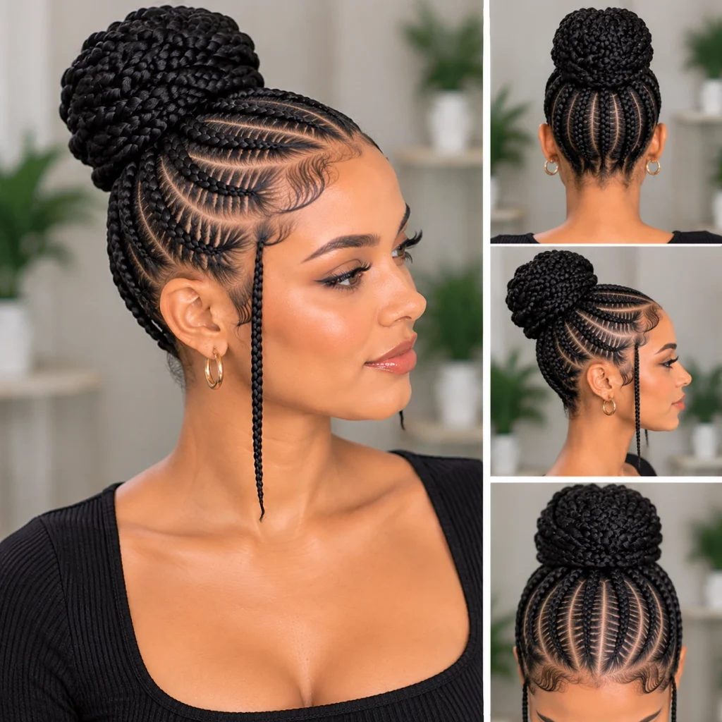 Braided bun hairstyle with a high bun and neatly patterned cornrows