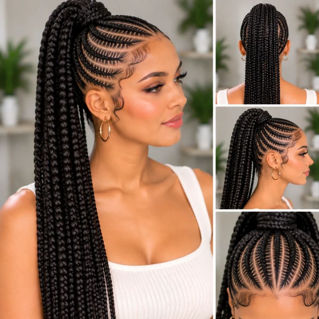 Braided ponytail hairstyle with sleek cornrows and a long braided ponytail