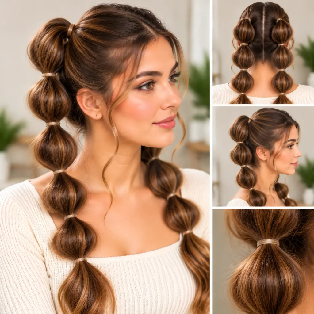 Bubble braid hairstyle with evenly spaced hair sections