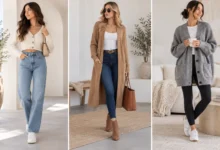 Three stylish women showcasing different cardigan sweater outfits, including a cropped cardigan with jeans, a long cardigan, and an oversized cardigan with leggings.