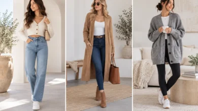 Three stylish women showcasing different cardigan sweater outfits, including a cropped cardigan with jeans, a long cardigan, and an oversized cardigan with leggings.