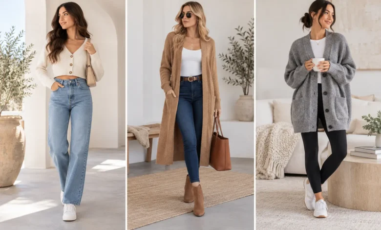 Three stylish women showcasing different cardigan sweater outfits, including a cropped cardigan with jeans, a long cardigan, and an oversized cardigan with leggings.