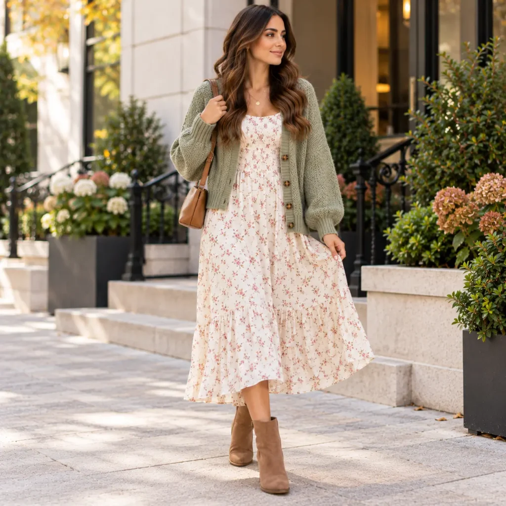 Stylish woman wearing a sage green knit cardigan over a floral midi dress with tan ankle boots for a feminine fall outfit.