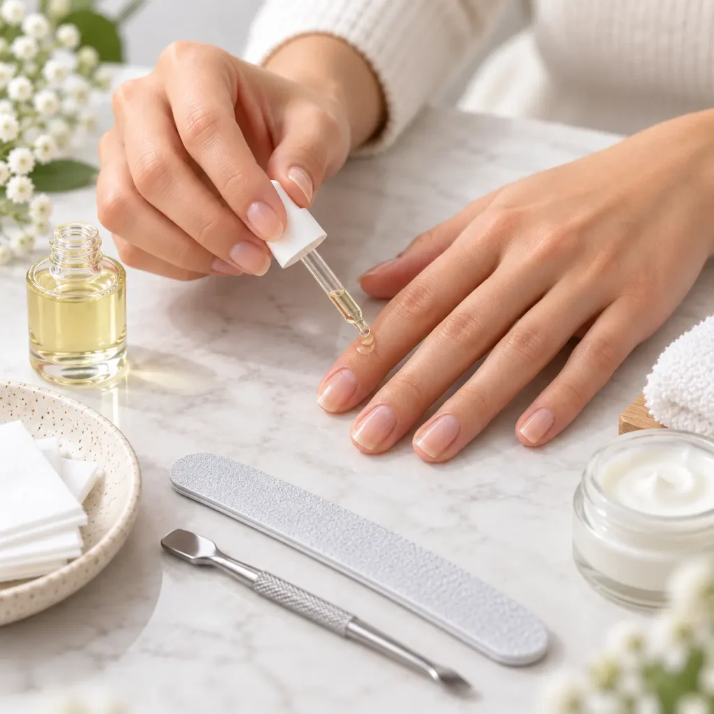 Woman applying cuticle oil with a dropper to nourish natural nails between manicure sets