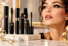 Chanel mascara luxury black tubes and wand beside a woman applying mascara for fuller, defined lashes
