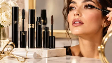 Chanel mascara luxury black tubes and wand beside a woman applying mascara for fuller, defined lashes