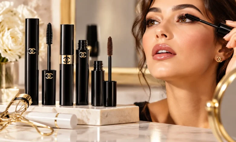 Chanel mascara luxury black tubes and wand beside a woman applying mascara for fuller, defined lashes