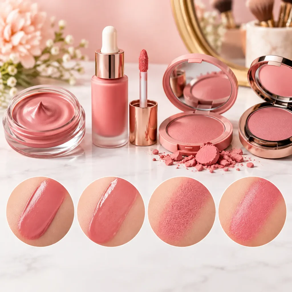 Cream, liquid, and powder blush products with pink makeup swatches showing different textures for Igari makeup.