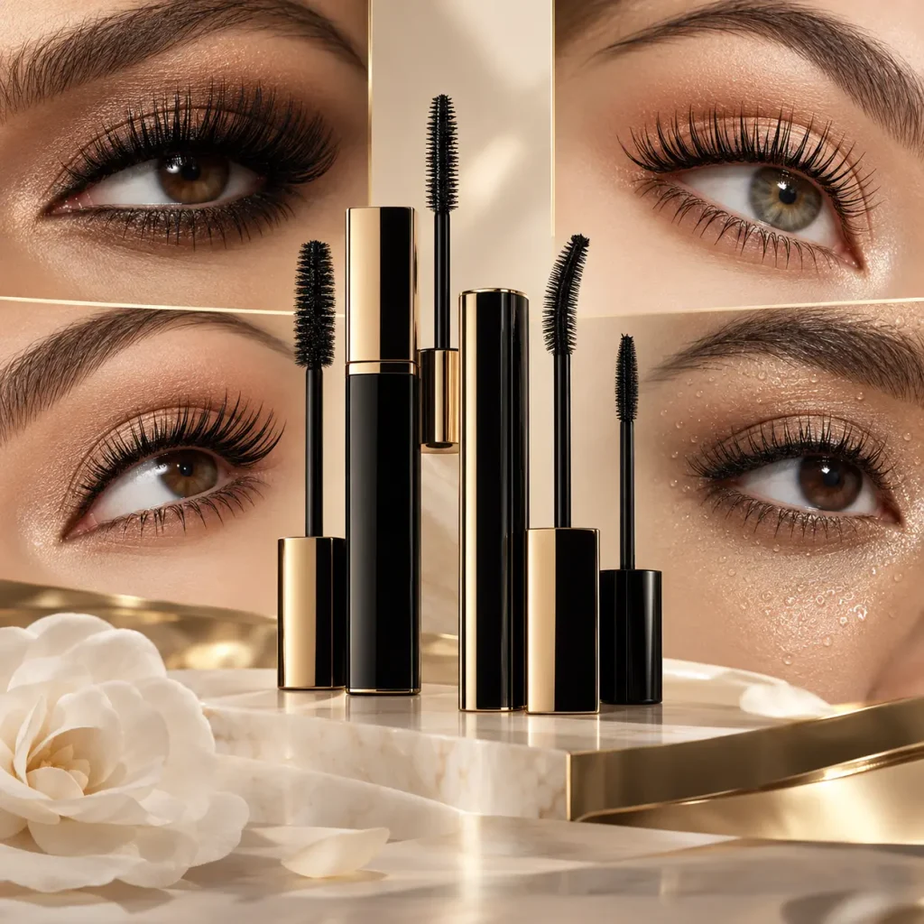 Different mascara brushes and defined lashes showing volume, length and curl options