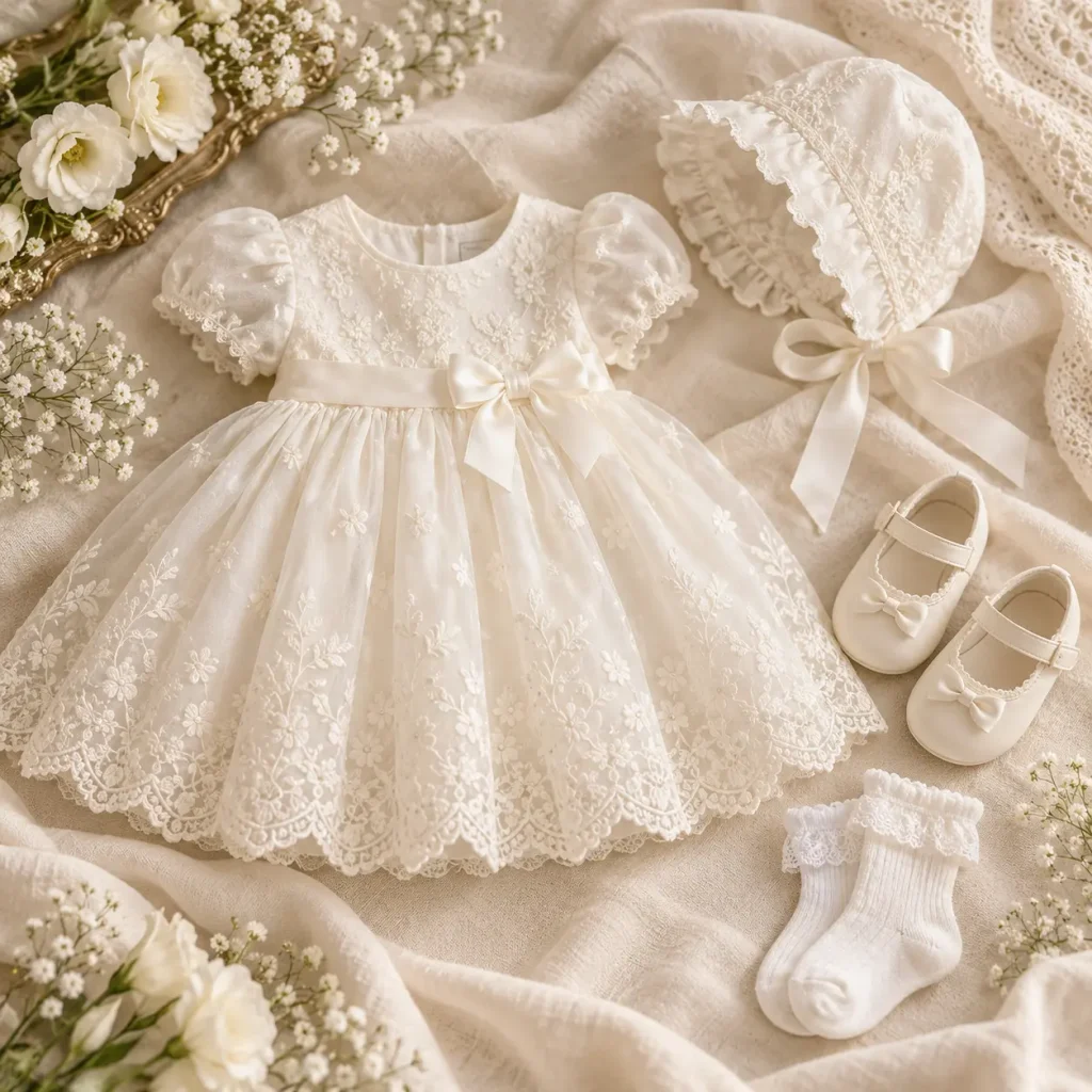 Ivory baby girl christening dress with matching bonnet, white socks and cream ballet flats