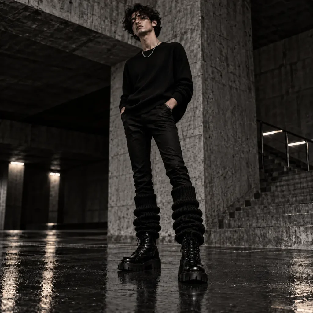 Chunky black knitted leg warmers layered over skinny black pants with platform combat boots