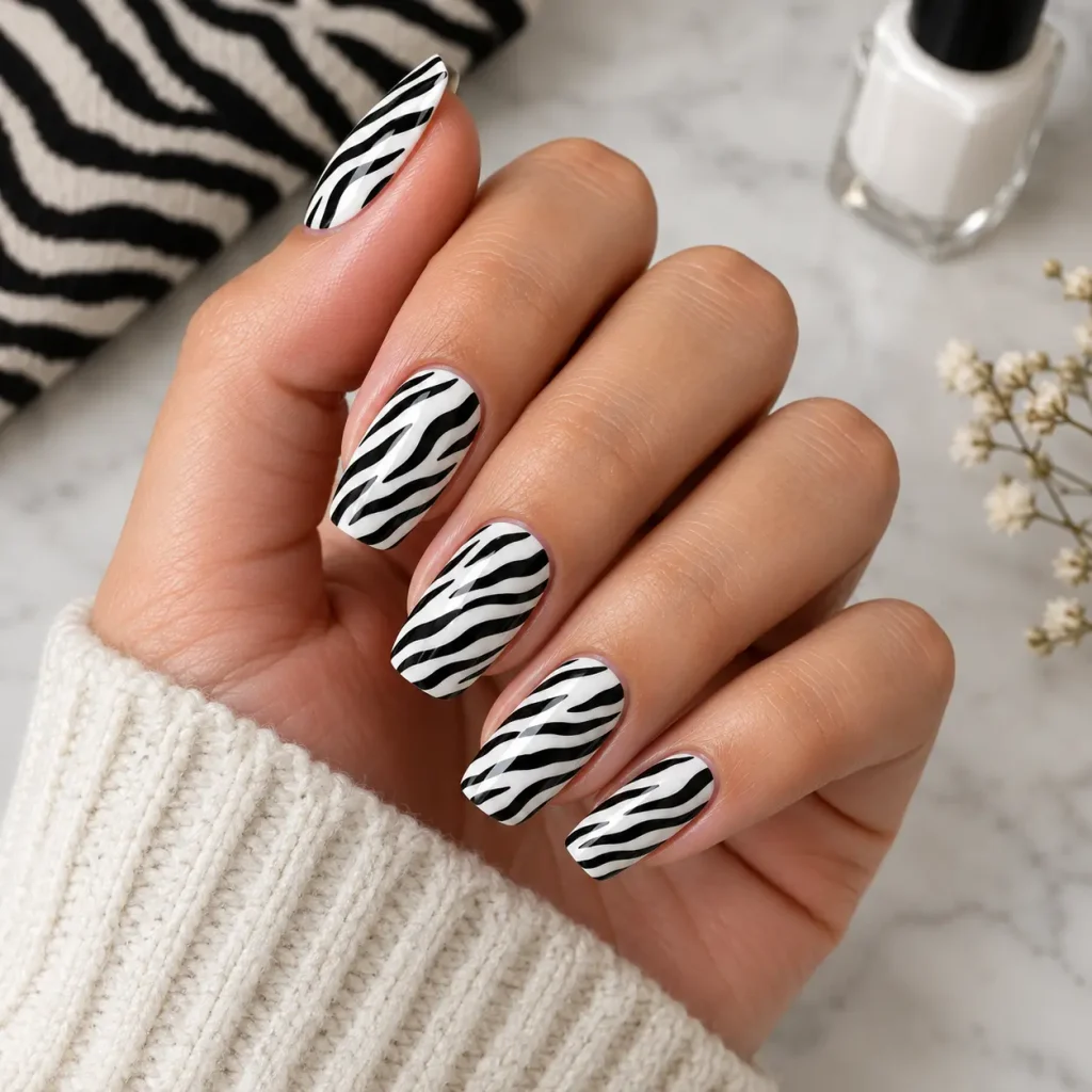 Classic black-and-white zebra print nails with glossy white polish, bold curved black stripes, and a clean square-shaped manicure.