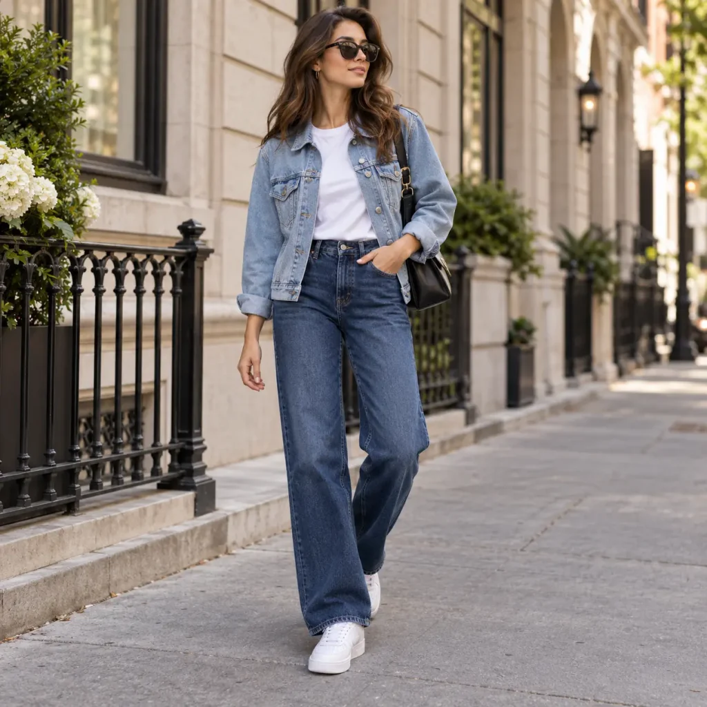 Woman wearing a light-wash denim jacket, white T-shirt, dark blue jeans, and white sneakers