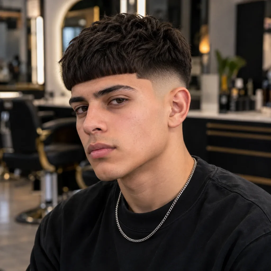 Young man with classic Edgar cut featuring a sharp straight fringe, thick dark hair and clean high fade