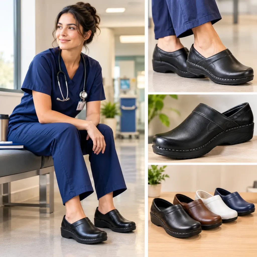 Classic black leather clogs with durable soles, styled with professional medical scrubs for a polished work look.