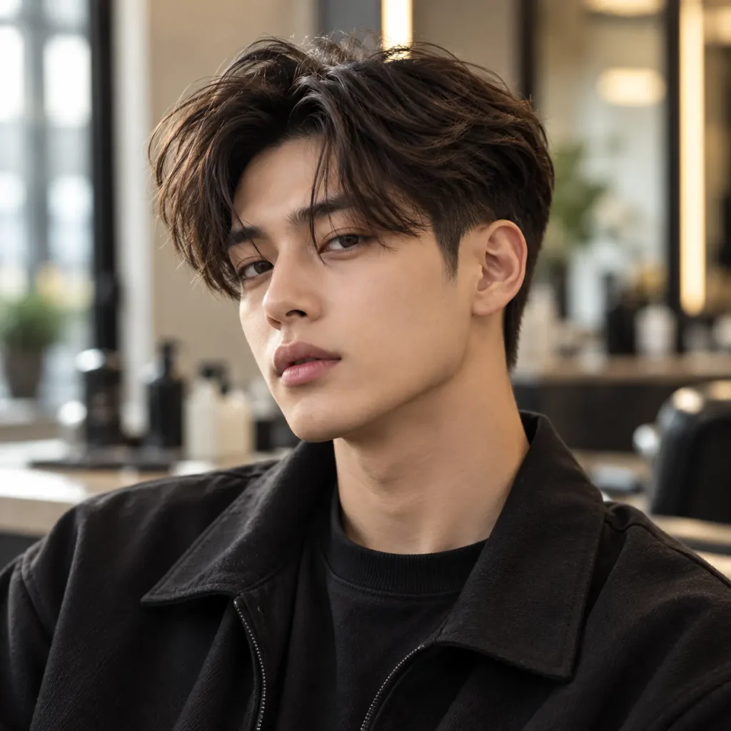 Classic two block haircut for men with soft curtain fringe, longer layered top and neatly trimmed sides