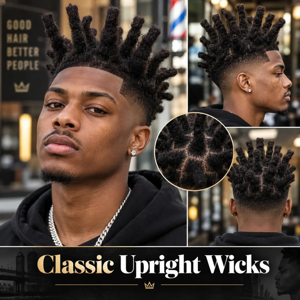 Classic upright wicks hairstyle on a Black man featuring thick cylindrical locs standing upward with a clean haircut