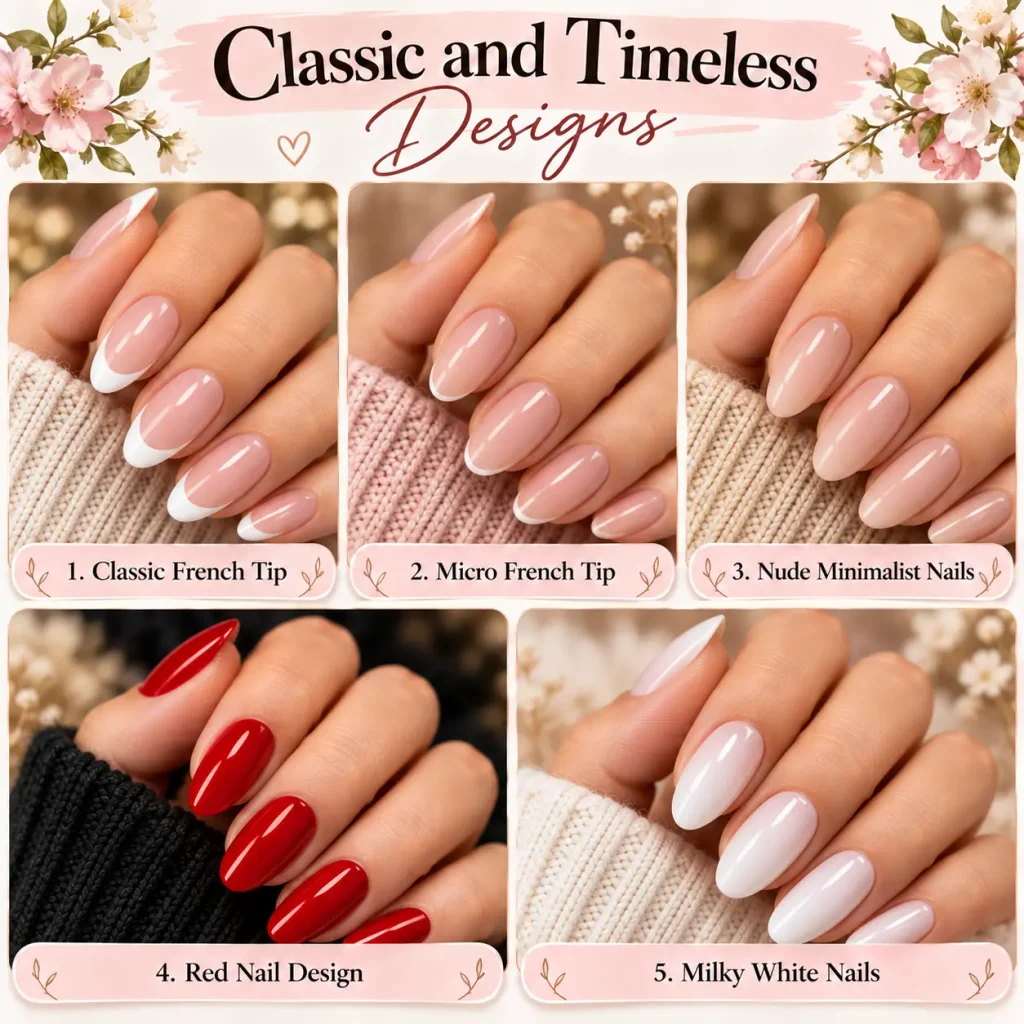 Classic and timeless nail designs featuring French tips, nude minimalist nails, red nails, and milky white manicures.
