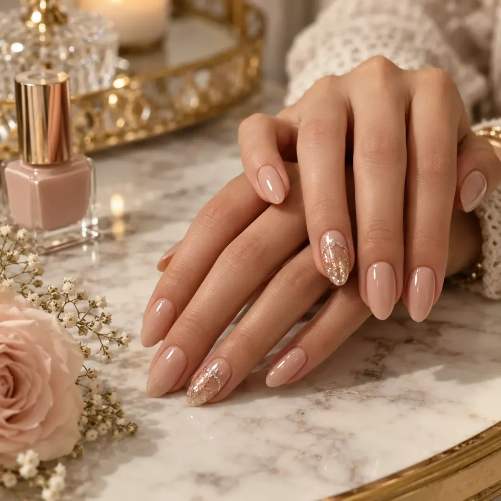 Classy nude nails with glossy blush beige polish and sparkling gold glitter accent nails