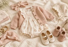 Cole Haan Baby Girls Clothing outfit ideas with floral dress, pink cardigan, soft baby shoes and matching accessories.