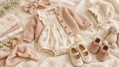 Cole Haan Baby Girls Clothing outfit ideas with floral dress, pink cardigan, soft baby shoes and matching accessories.