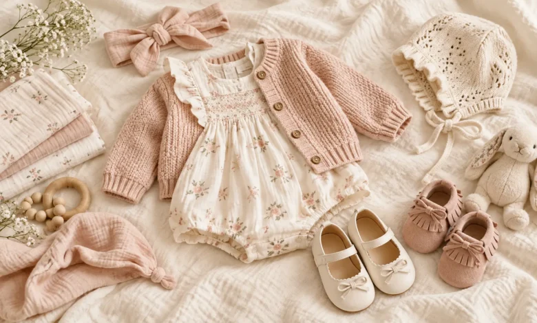 Cole Haan Baby Girls Clothing outfit ideas with floral dress, pink cardigan, soft baby shoes and matching accessories.