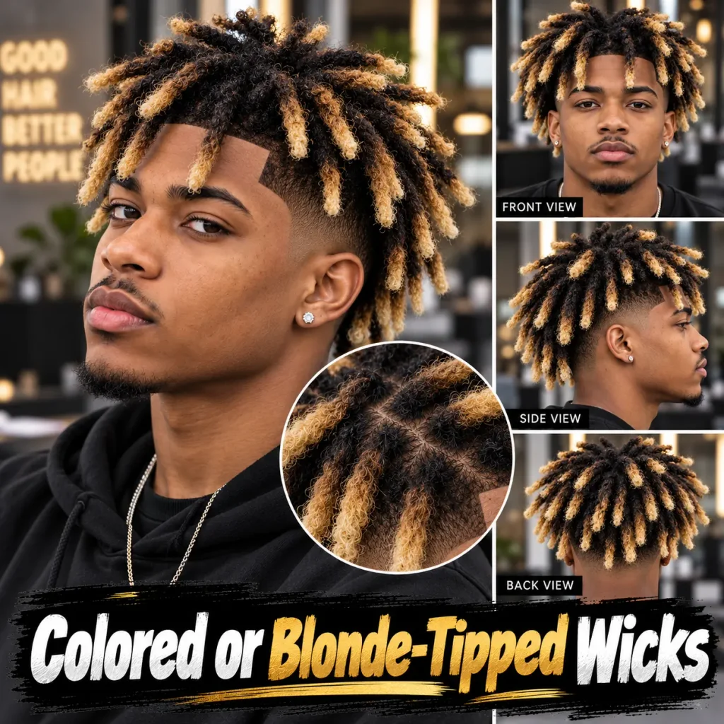 Blonde-tipped wicks hairstyle featuring thick black locs with golden blonde ends and a clean taper fade