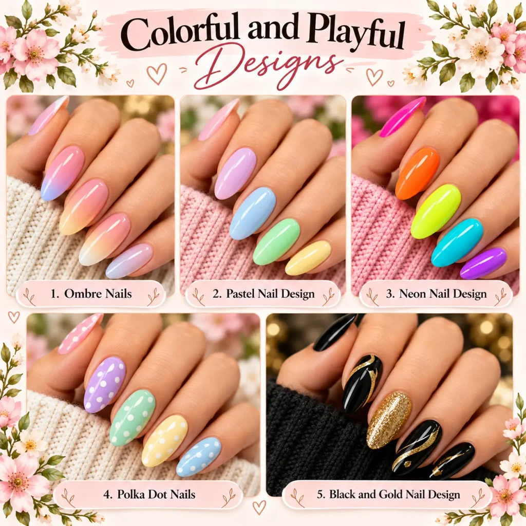 Colorful and playful nail designs featuring ombre, pastel, neon, polka dot, and black-and-gold manicures.