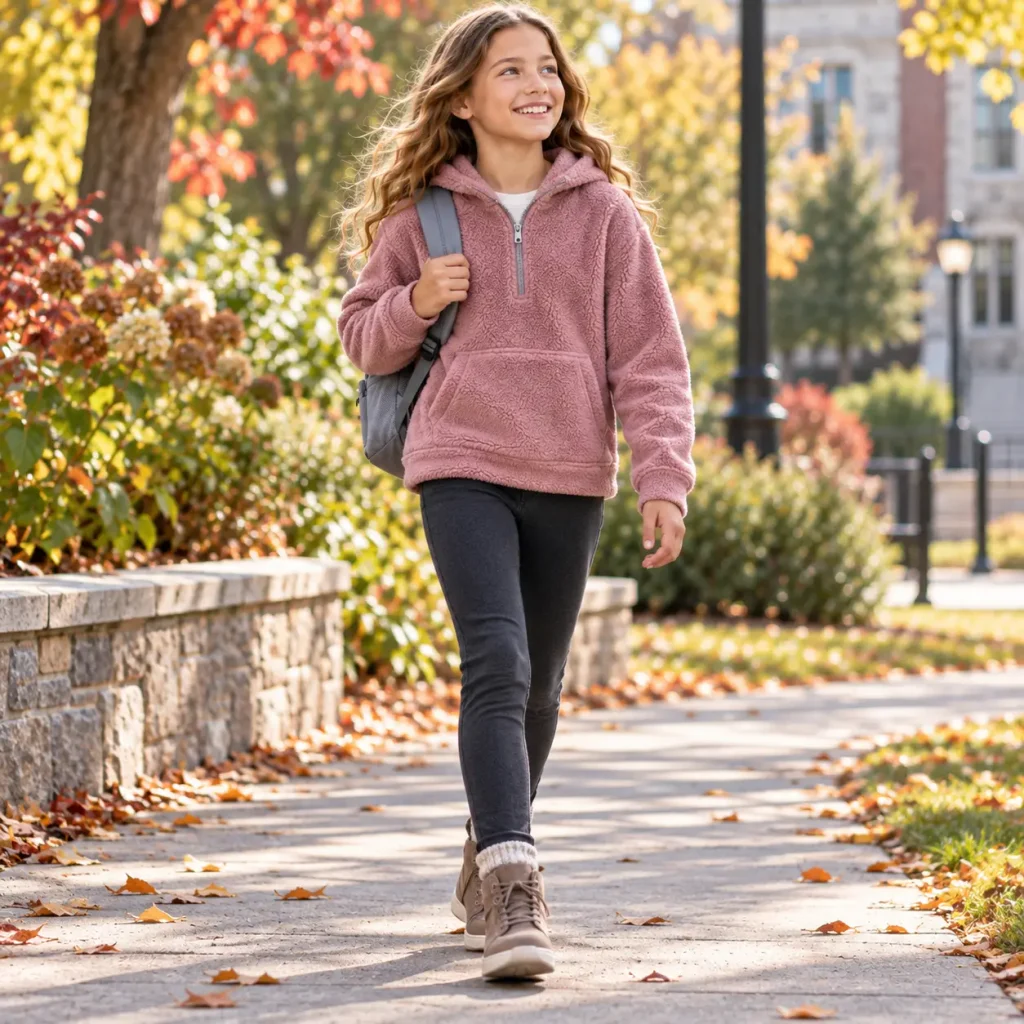 Girl wearing a warm fleece half-zip hooded pullover with leggings on a cool autumn day