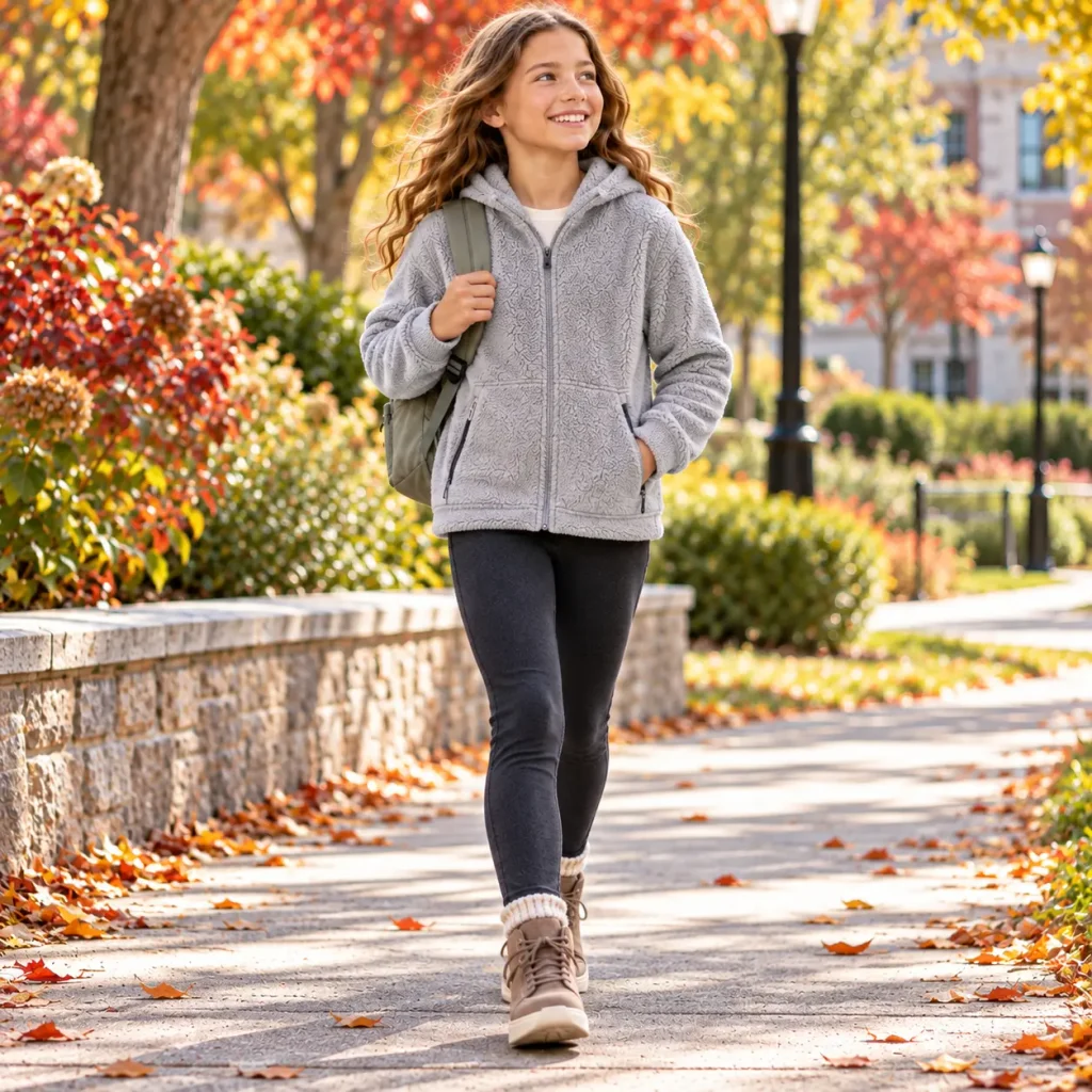 Girl wearing a gray fleece hoodie with zippered pockets, leggings, and a backpack