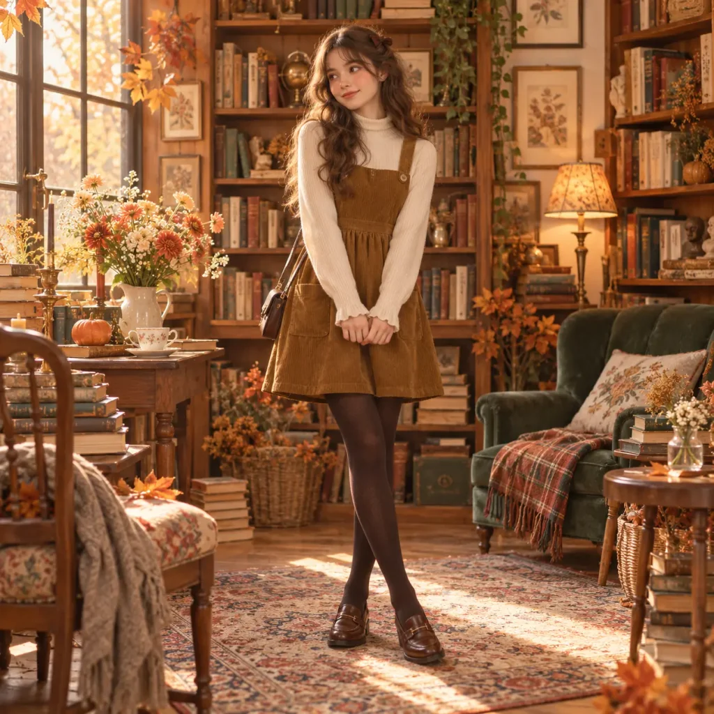 Woman wearing a brown corduroy jumper dress over a cream turtleneck with dark tights and loafers