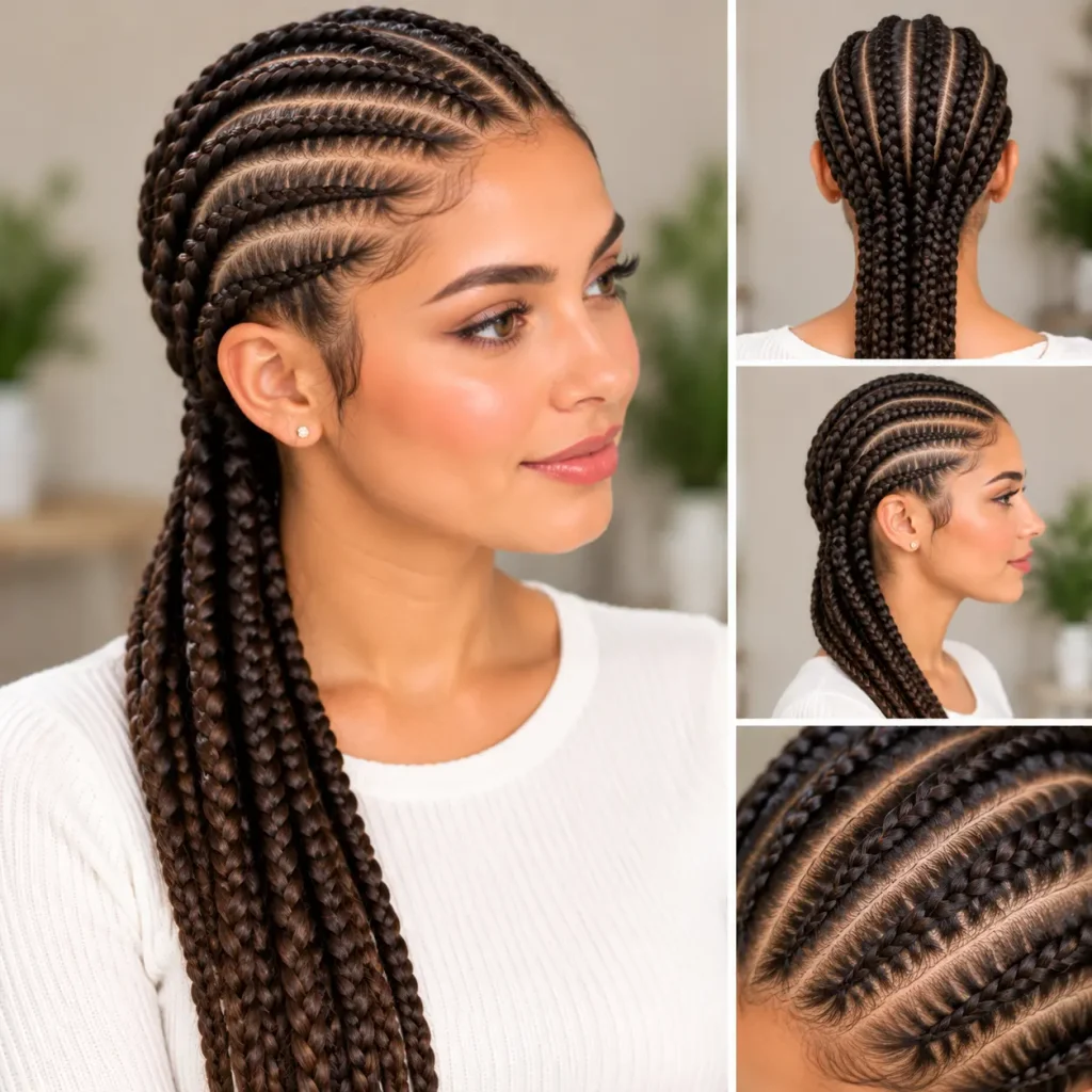 Cornrow hairstyle featuring neat rows braided close to the scalp