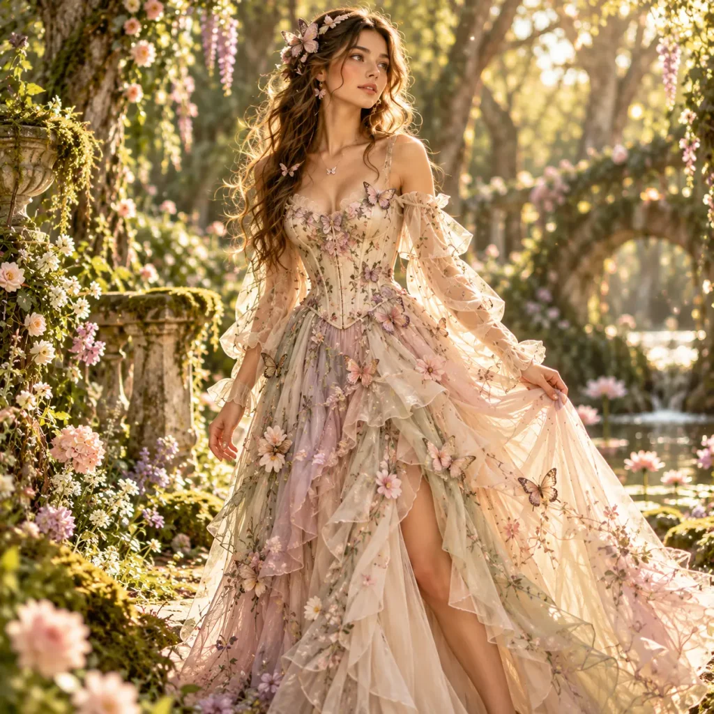 Woman wearing a fairycore corset top with a flowing layered skirt and butterfly accents in a magical garden surrounded by flowers and nature