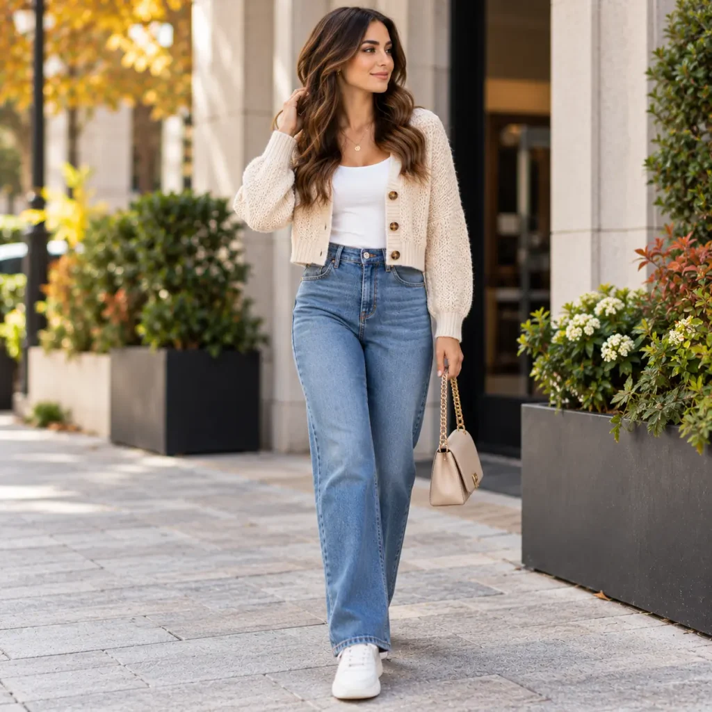 Woman wearing a cropped cream knit cardigan over a white top with high-waisted blue jeans and white sneakers.