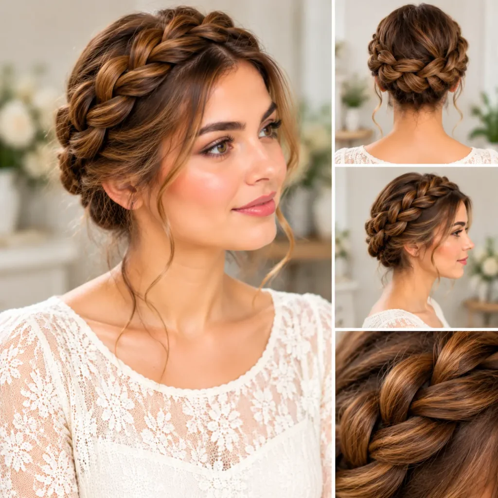 Crown braid hairstyle wrapped elegantly around the head