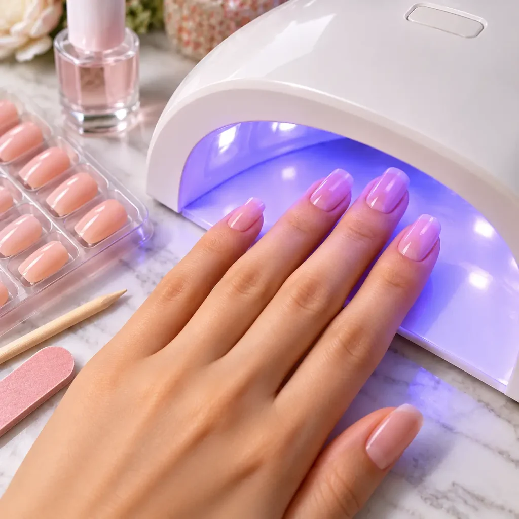 Woman curing pink gel nails under a UV LED nail lamp during an at-home manicure
