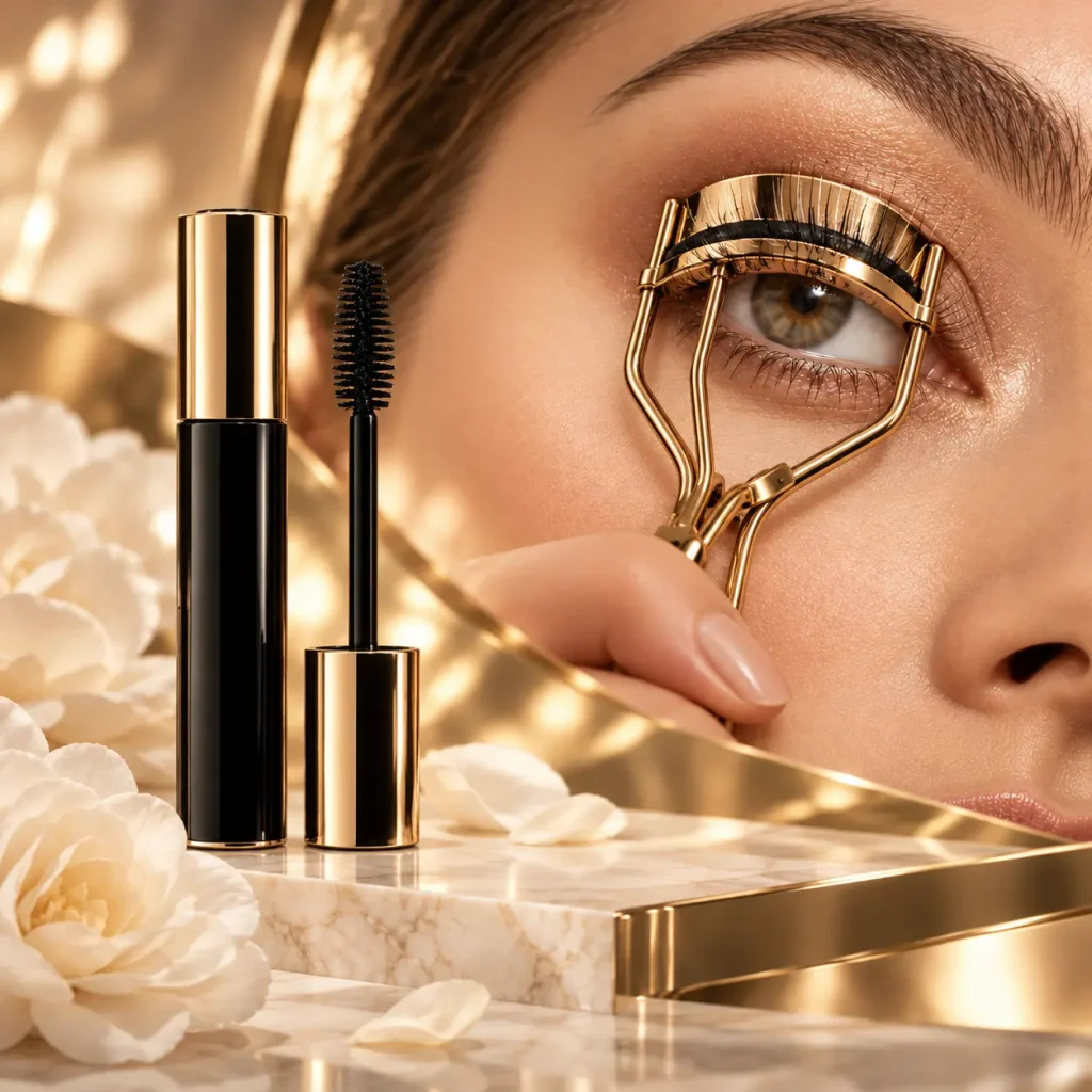 Using an eyelash curler to lift and curl upper lashes before applying mascara