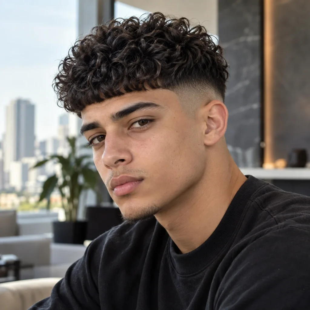Young man with curly Edgar haircut featuring defined natural curls on top, short front fringe and faded sides