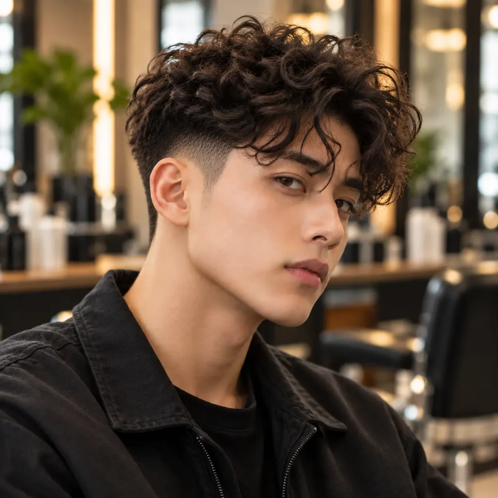 Curly two block haircut for men featuring defined natural curls on top and neatly tapered short sides