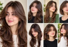 Collage of women with different curtain bangs hairstyles, including wispy bangs, long curtain bangs, and layered haircuts.