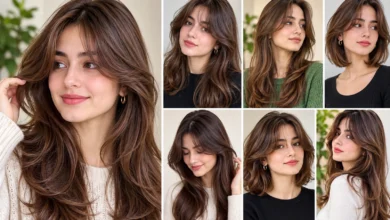Collage of women with different curtain bangs hairstyles, including wispy bangs, long curtain bangs, and layered haircuts.