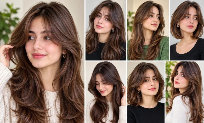 Collage of women with different curtain bangs hairstyles, including wispy bangs, long curtain bangs, and layered haircuts.