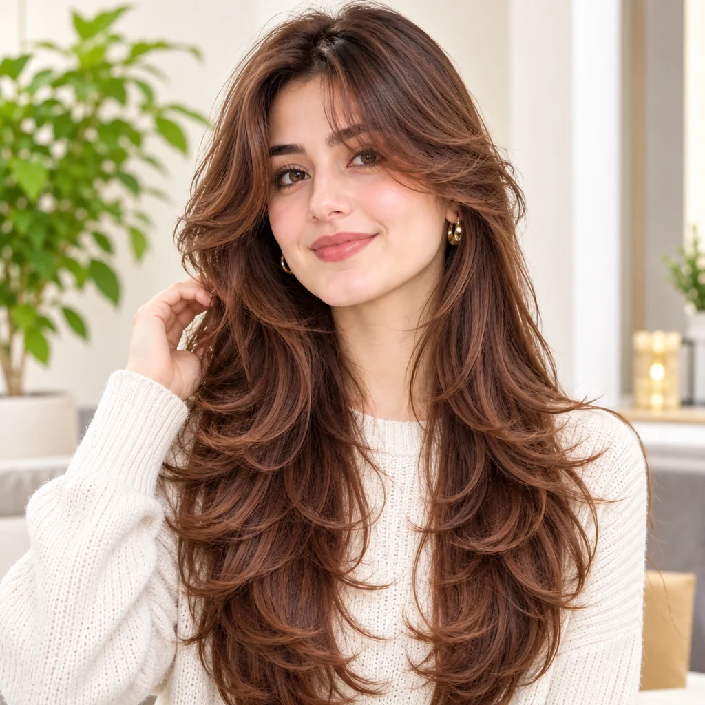 Woman with curtain bangs and long, feathered layers in brown hair