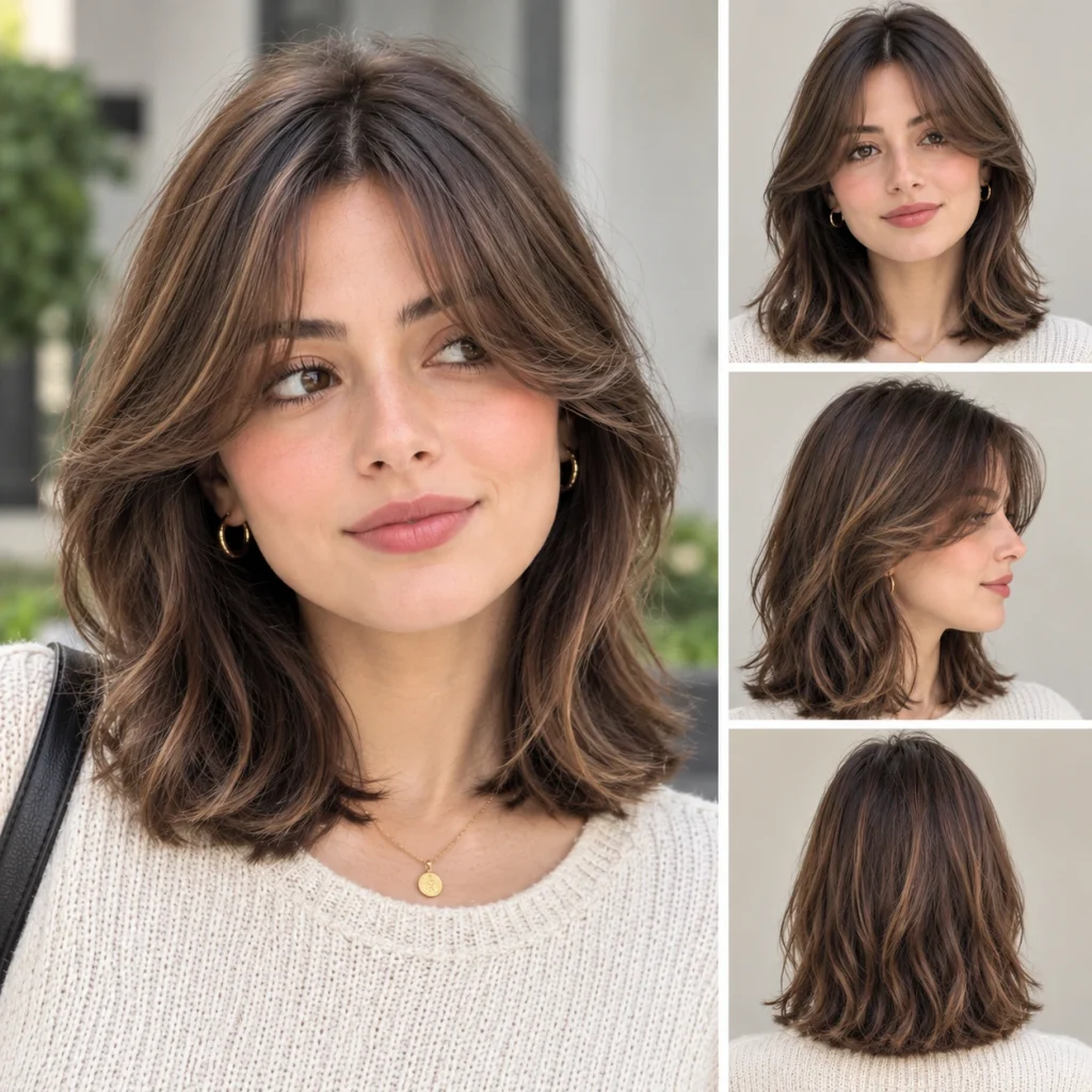 Woman with medium-length layered brown hair and soft curtain bangs framing her face