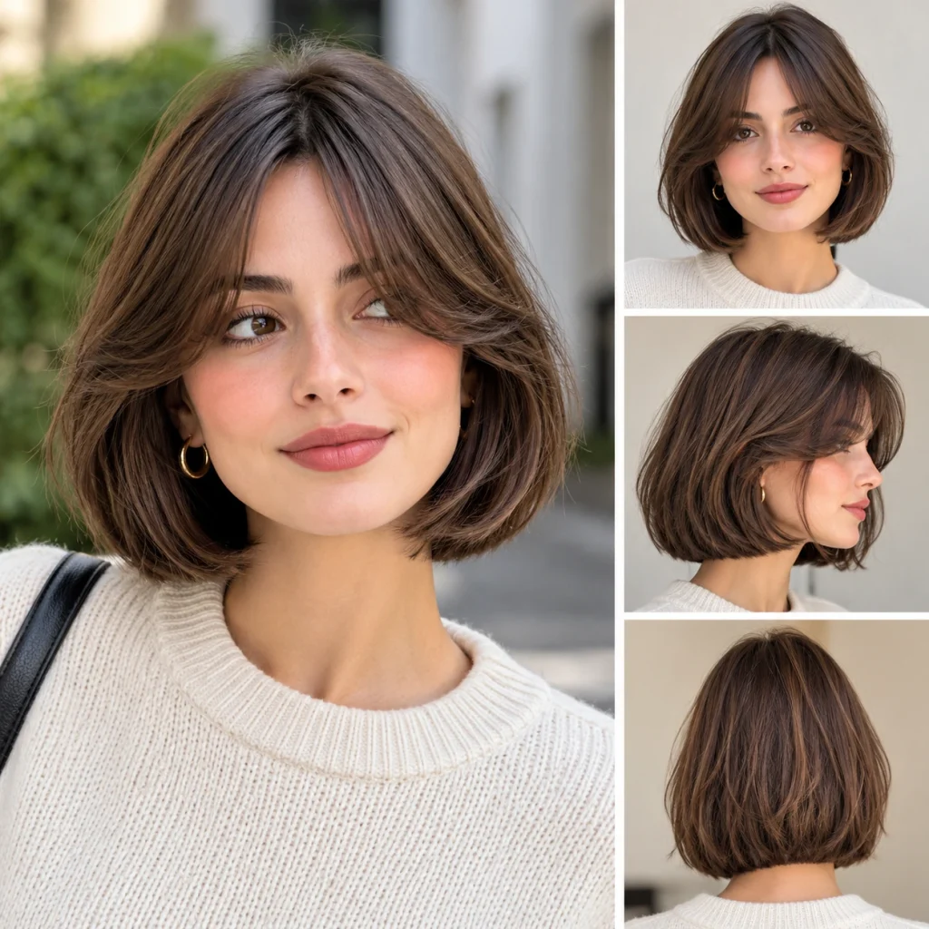 Woman with a chin-length brown bob haircut and soft, center-parted curtain bangs