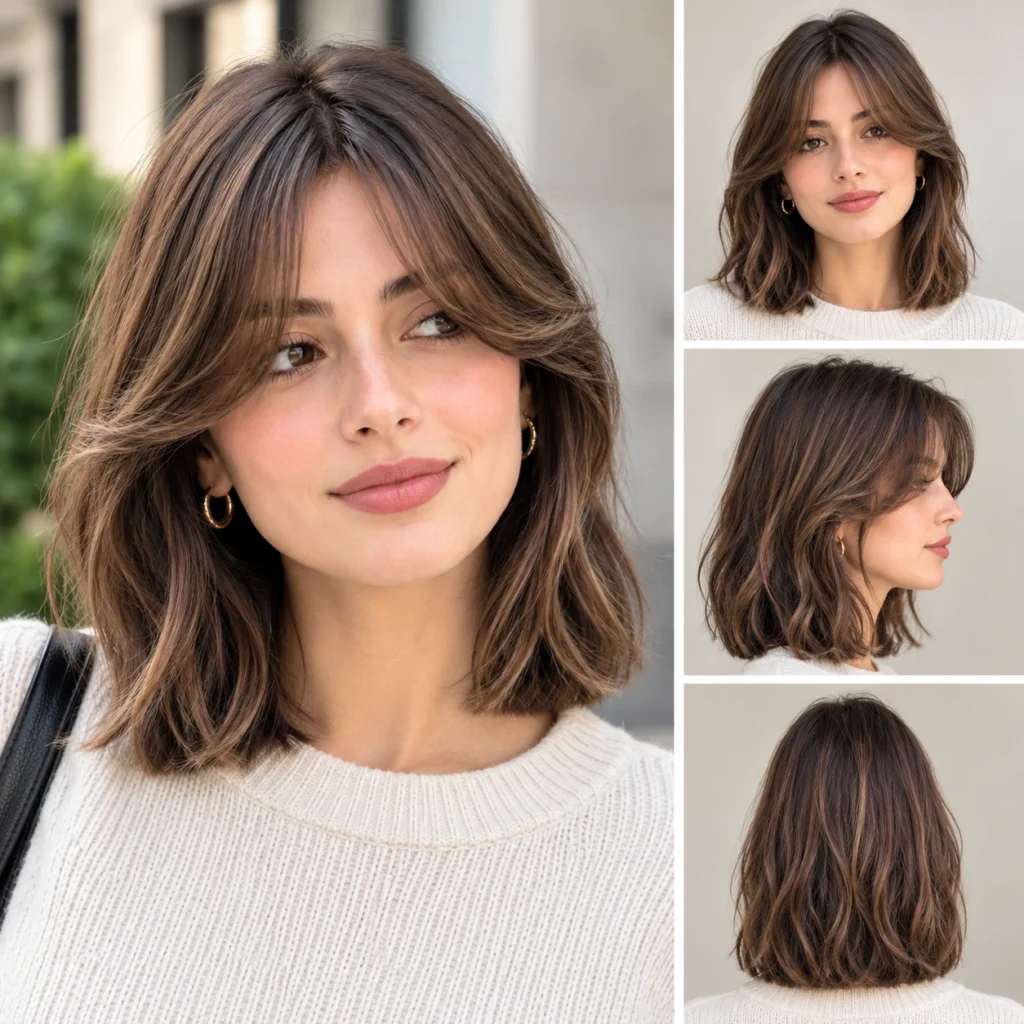 Woman with a shoulder-grazing brown lob haircut and layered curtain bangs