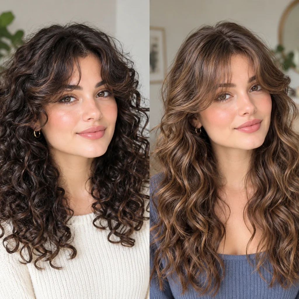 Two women showcasing curtain bangs with naturally curly and soft wavy hair textures.